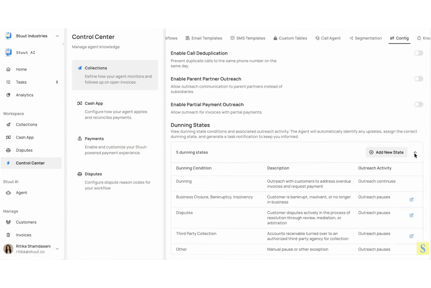 Panel de configuración del Centro de control de Stuut que muestra los estados de gestión de cobros y la configuración de la actividad de comunicaciones.