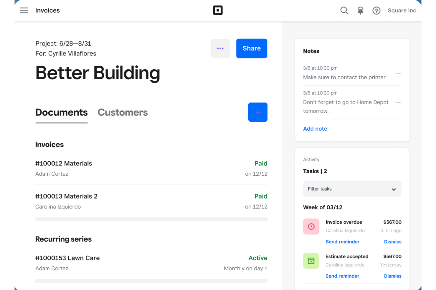 Panel de Square Invoices que muestra facturas de proyectos, series recurrentes, notas y tareas de actividad.