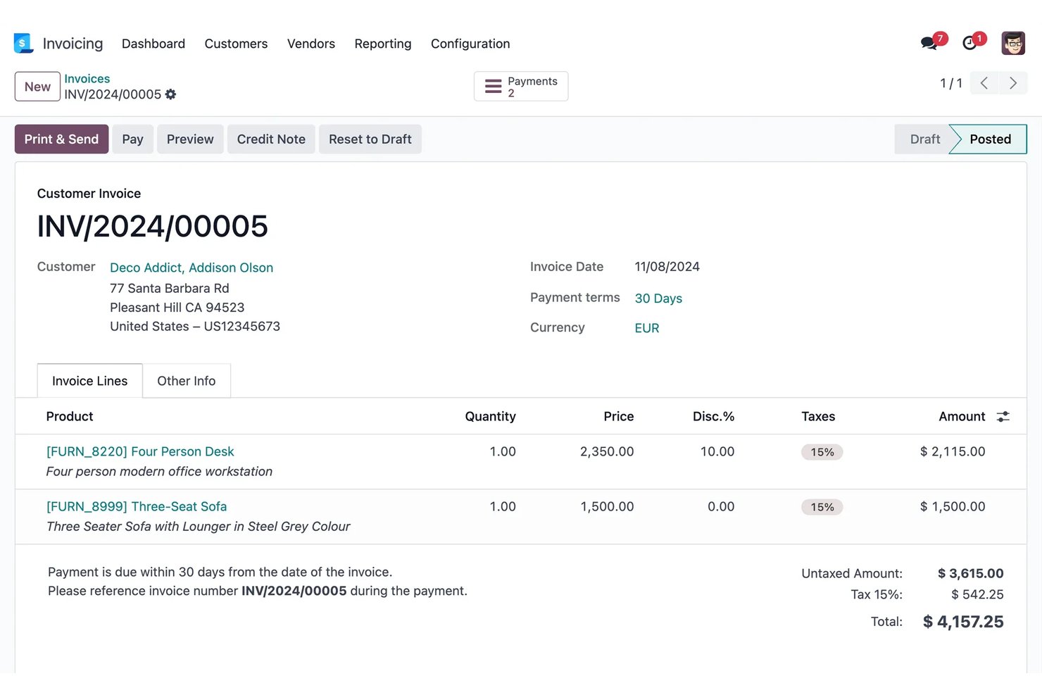 Factura de cliente de Odoo que muestra dos productos, impuestos y un total de 4.157,25 $.
