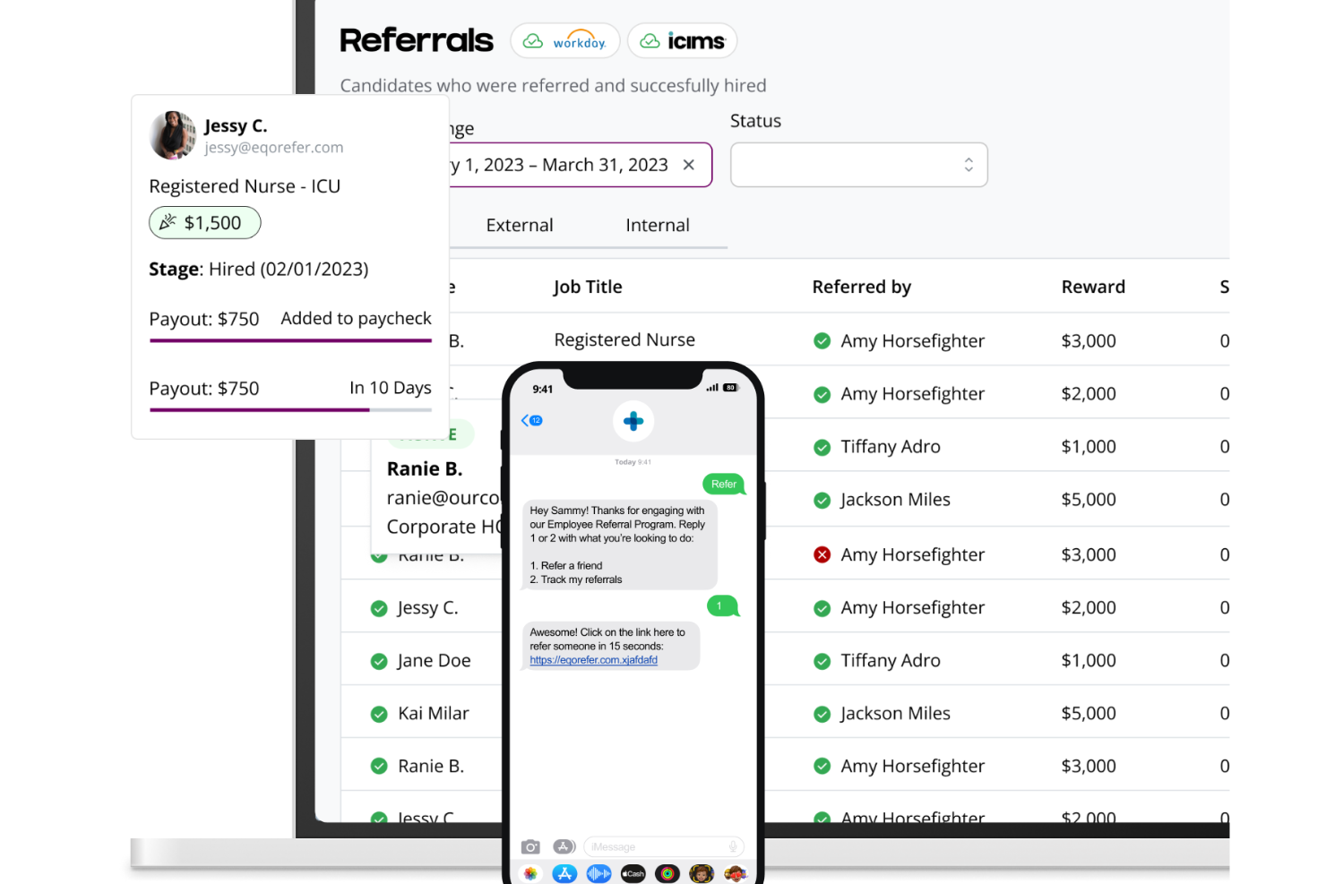 Referrals dashboard showing hired candidates, rewards, and an SMS referral chatbot on mobile.