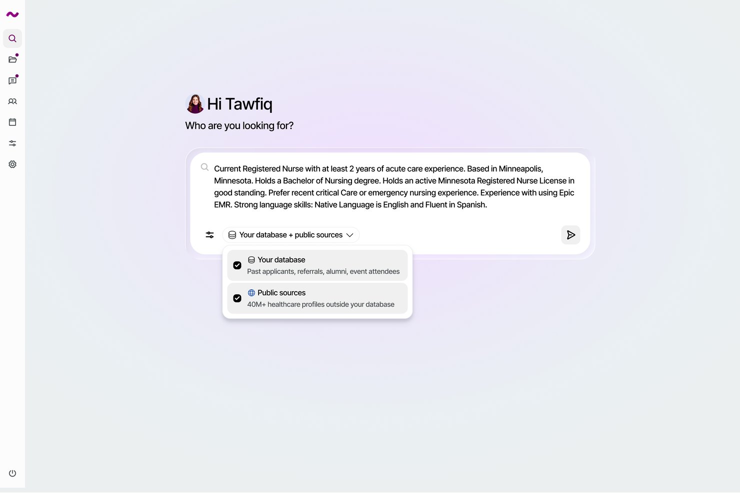 AI recruiting search interface with natural language nurse candidate query form.