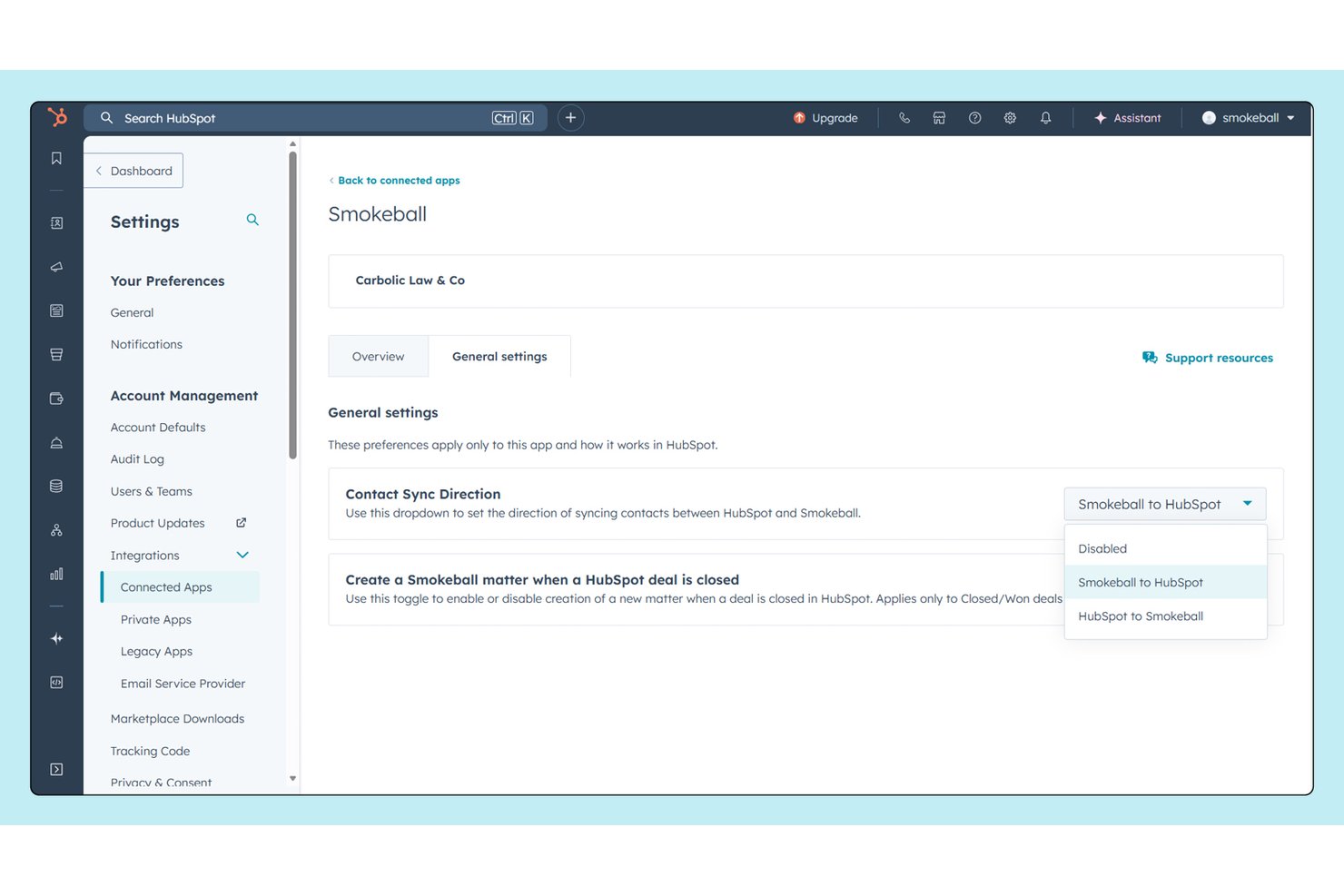Instellingen voor de Smokeball-HubSpot-integratie met een vervolgkeuzemenu voor de richting van de contactsynchronisatie.
