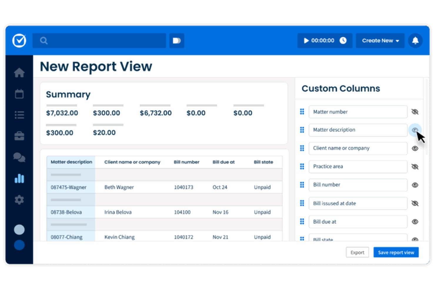 Clio Manage custom report view with billing summary table and column visibility toggles.