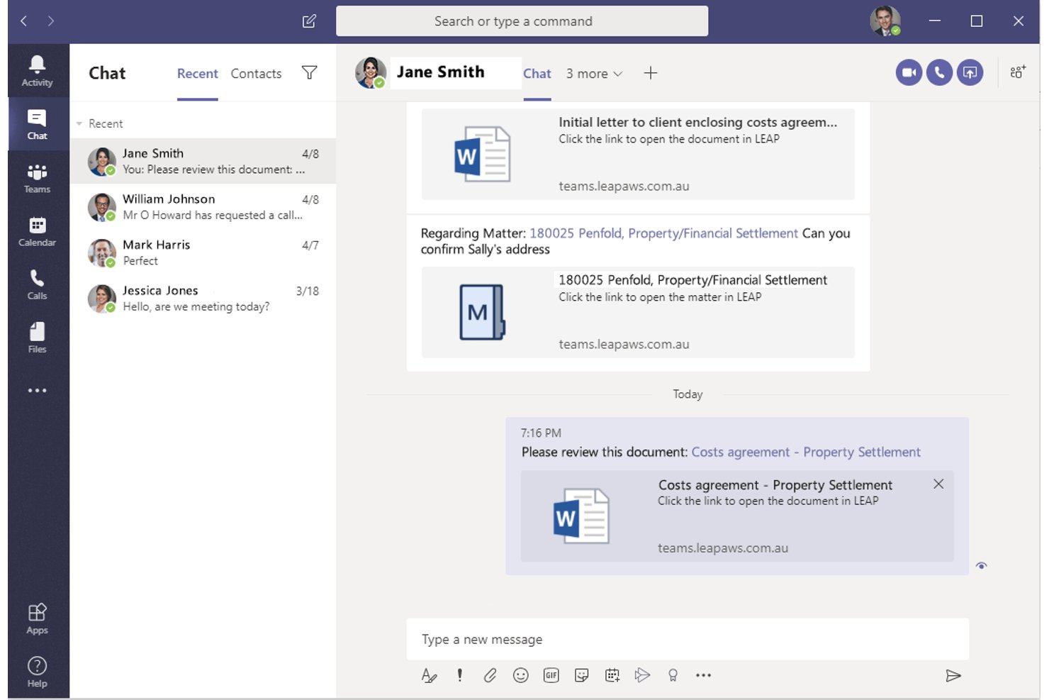 LEAP integration in Microsoft Teams chat showing shared legal documents and matter links.