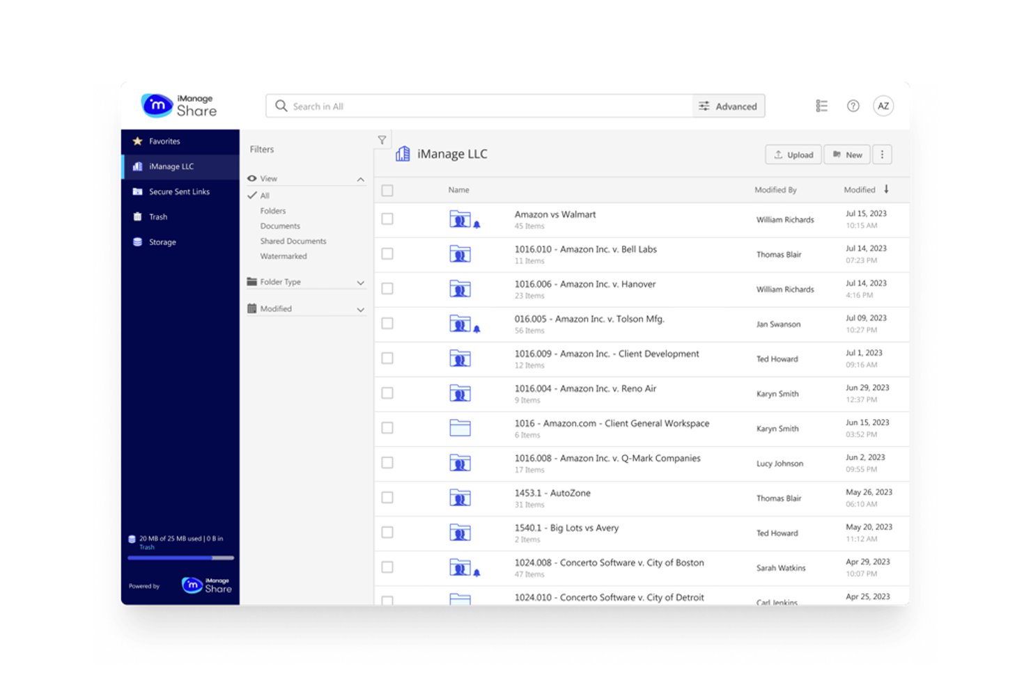 iManage Share interface showing a list of legal case folders with collaborator names and dates.