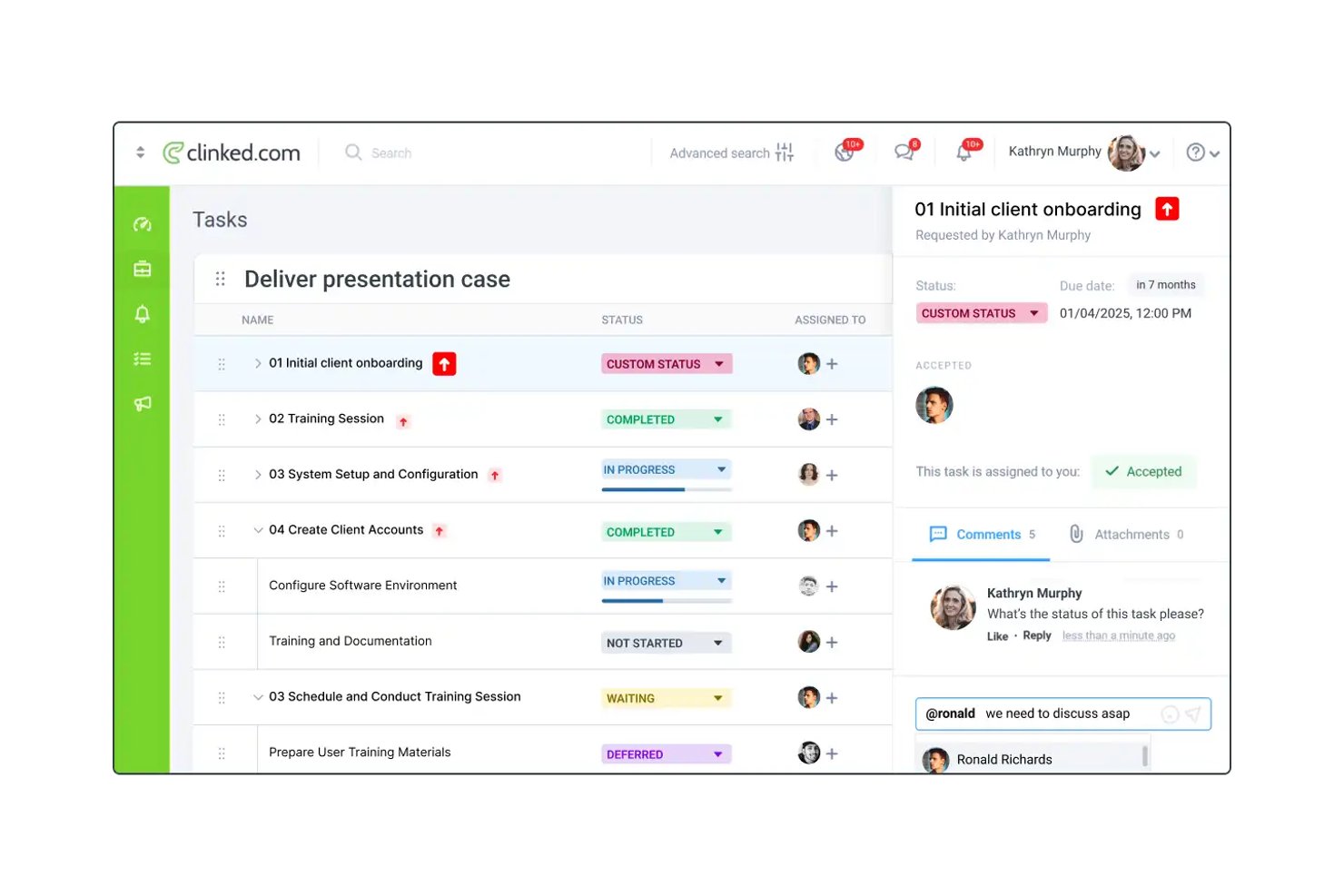 Clinked task management dashboard showing task list with statuses and comments panel.
