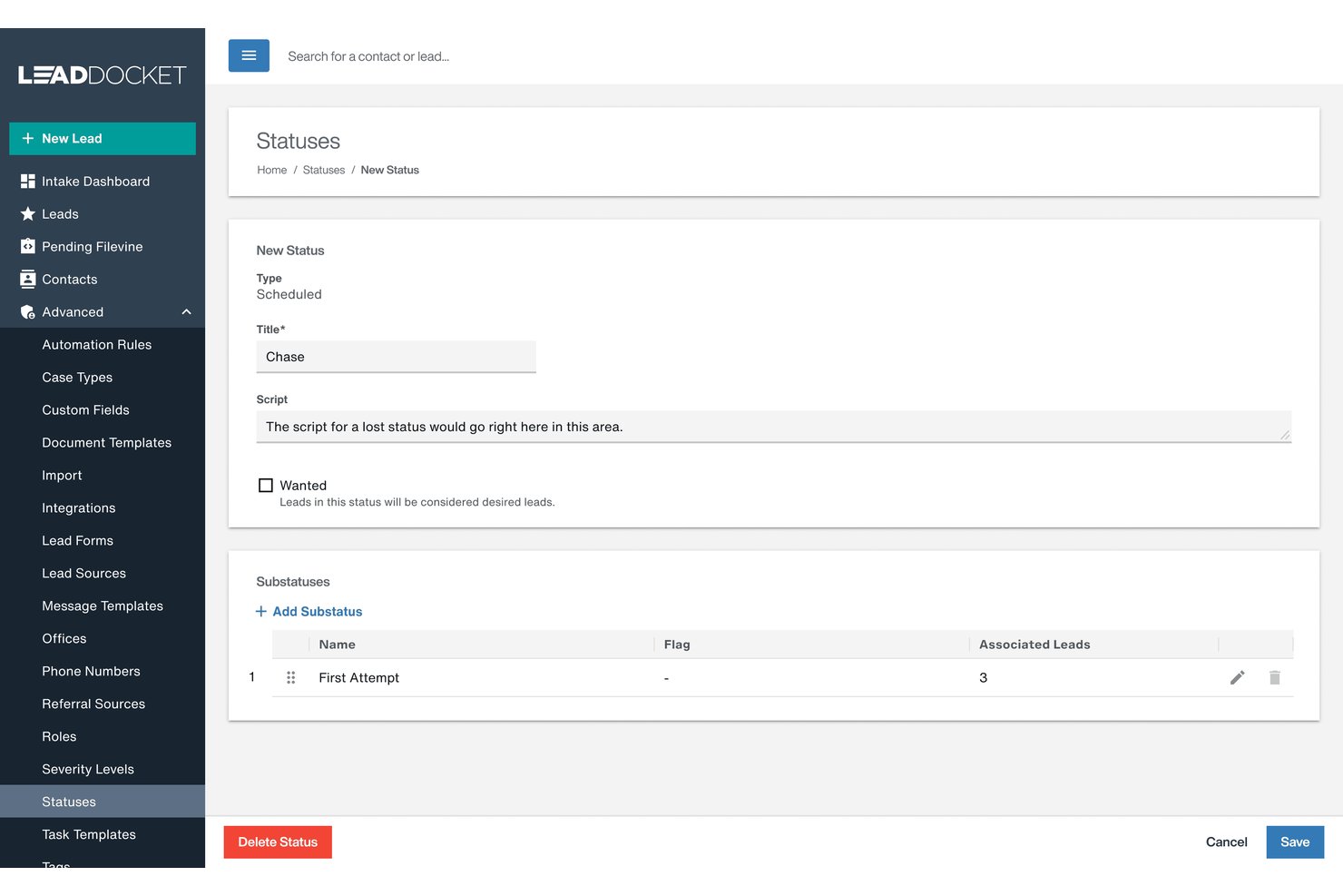 Nieuw statusformulier van LeadDocket met velden voor titel, script en substatus.