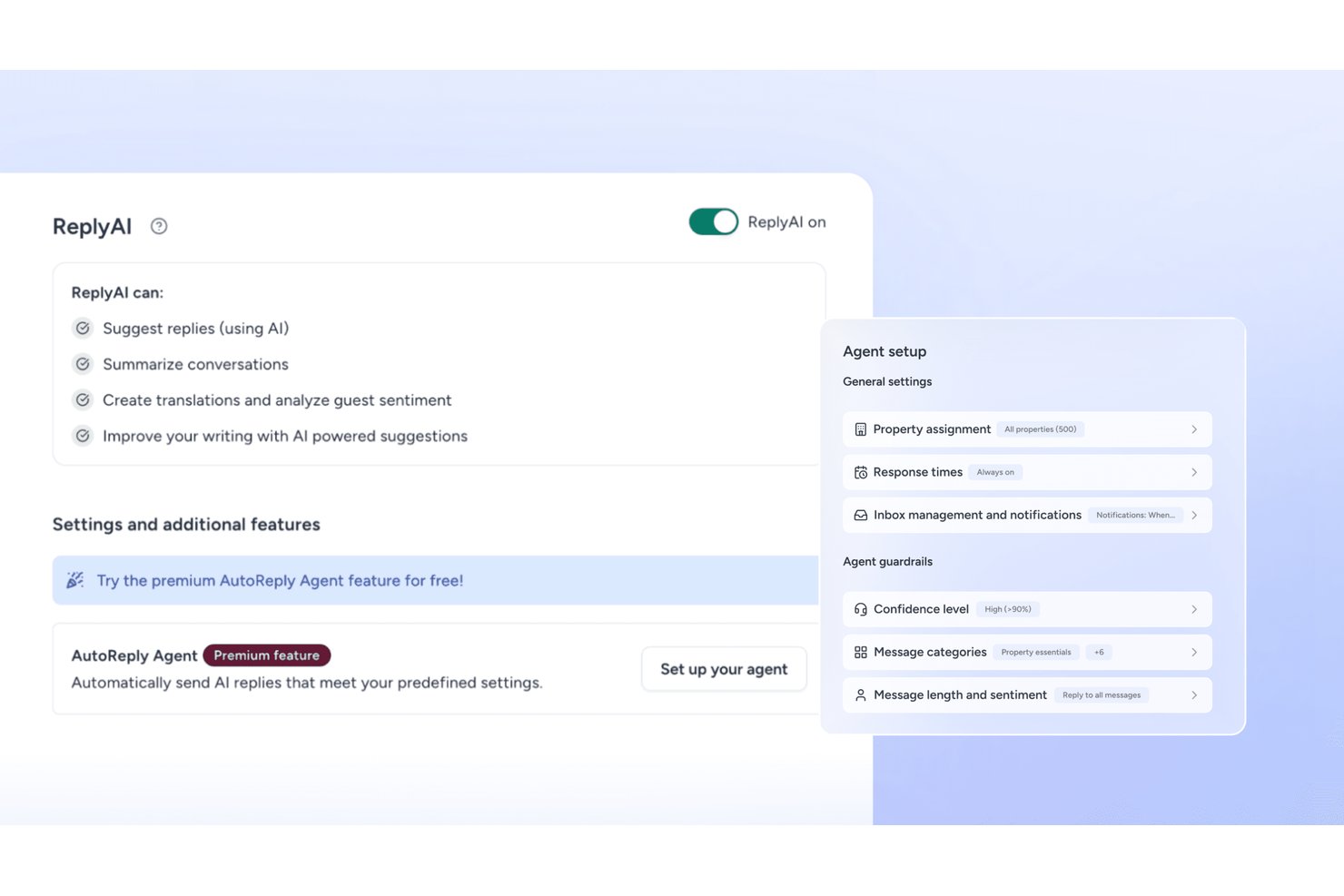 Instellingenpaneel van Guesty ReplyAI met configuratie van de agent voor automatische antwoorden en opties voor agentbeperkingen.