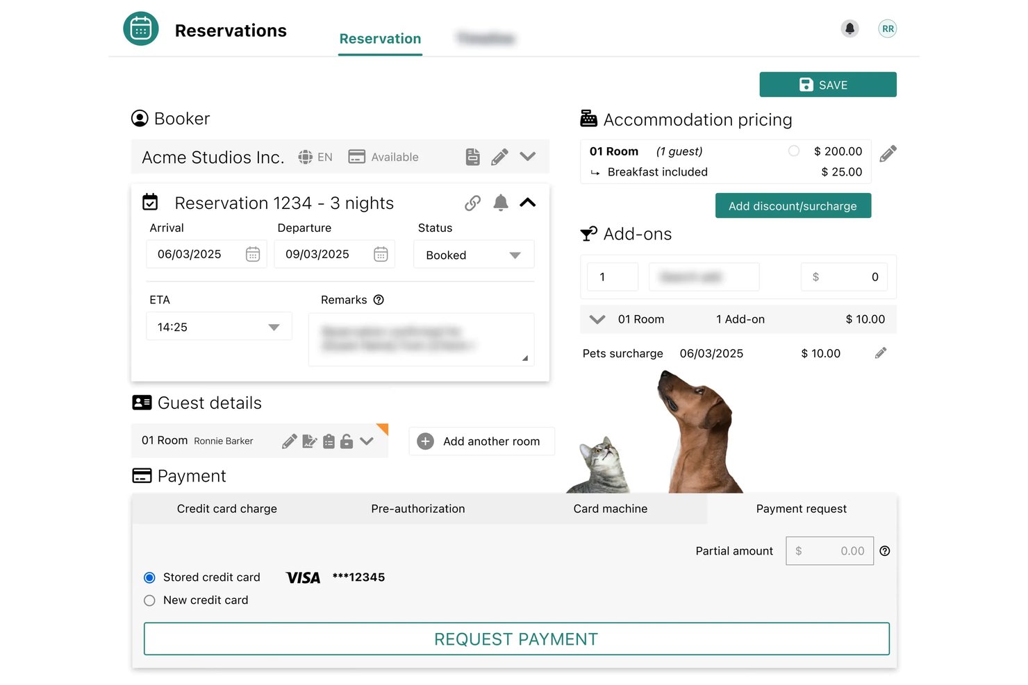 Scherm voor reserveringsbeheer van RoomRaccoon met reserveringsgegevens, prijsstelling en betaalopties.