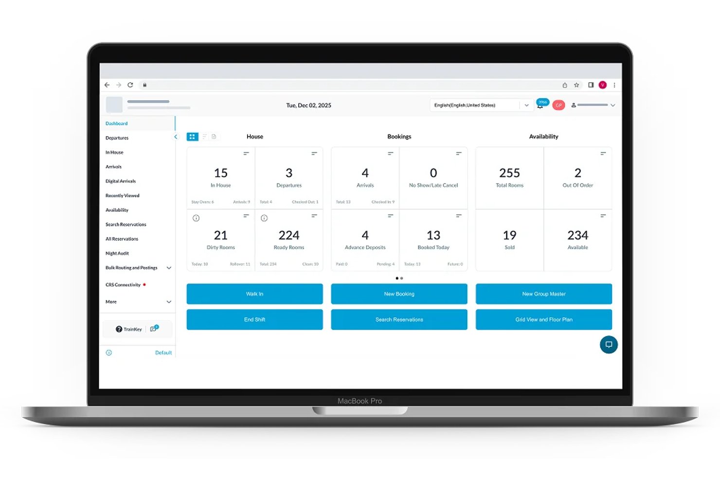 HotelKey PMS-dashboard met de status van hotelkamers, boekingen en beschikbaarheidsgegevens.