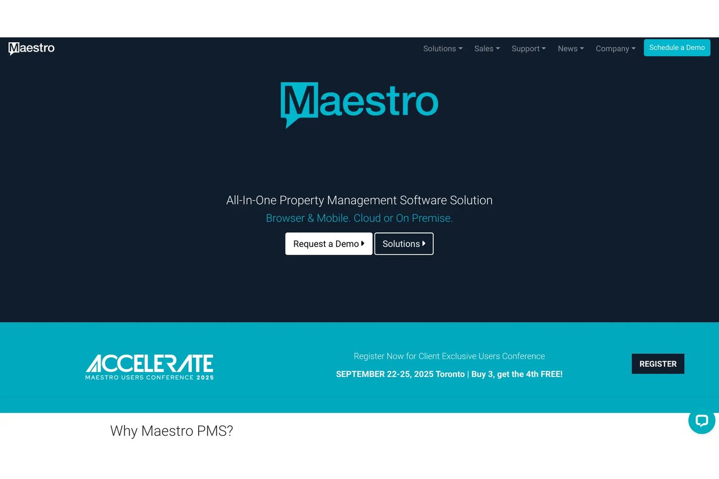 Startpagina van Maestro PMS met vastgoedbeheersoftware en knoppen om een demo aan te vragen.