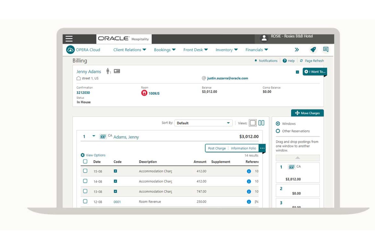 Factureringsscherm van OPERA Cloud met gastkosten, kamerkosten en folievensters.