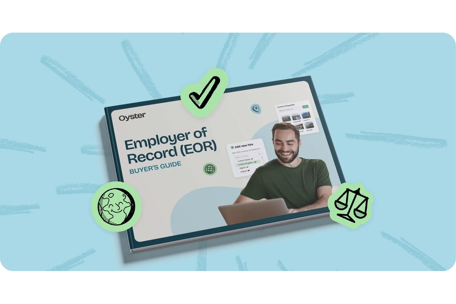Boekje met de gids voor kopers over Oyster HR als formele werkgever, met interface voor wereldwijde werving.