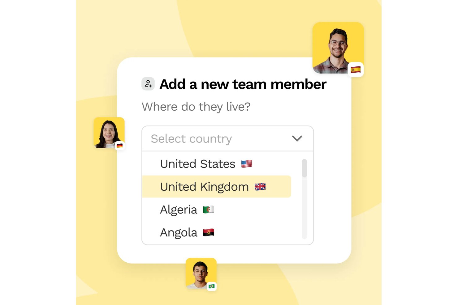 Oyster HR-formulier om een nieuw teamlid toe te voegen, met een vervolgkeuzelijst voor landen met de opties VS, VK, Algerije en Angola.