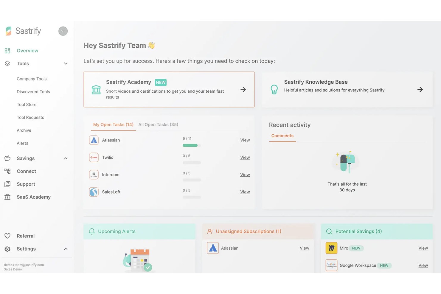Sastrify-Übersichtsseite mit Übersicht über offene Aufgaben, Warnungen und mögliche Einsparungen.