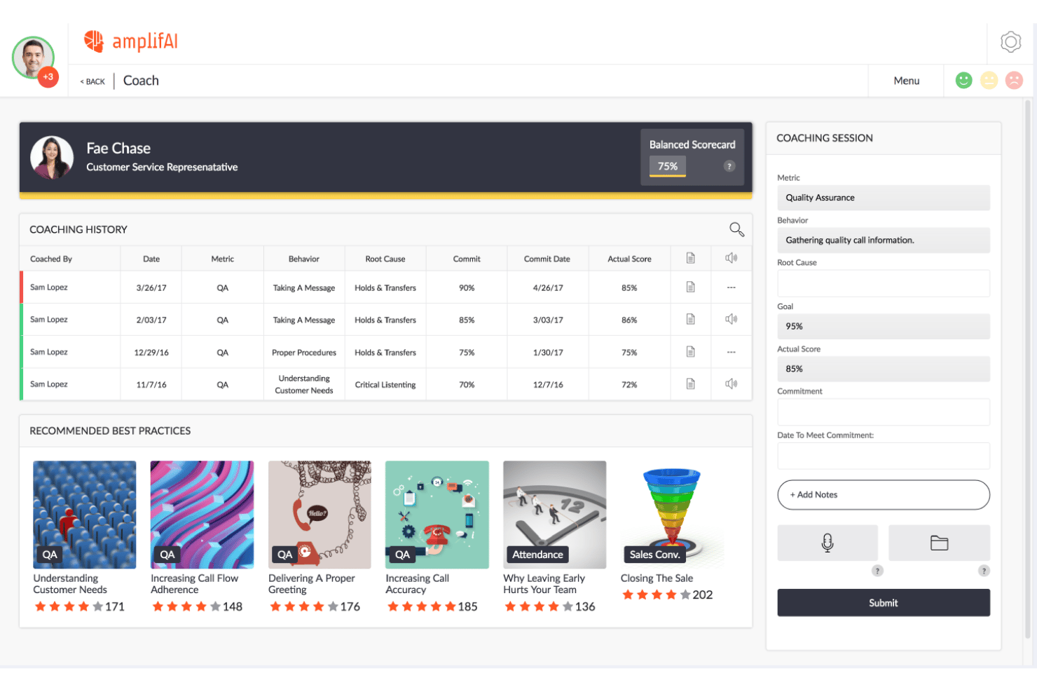 AmplifAI coaching dashboard showing employee scorecard, history, and session form.