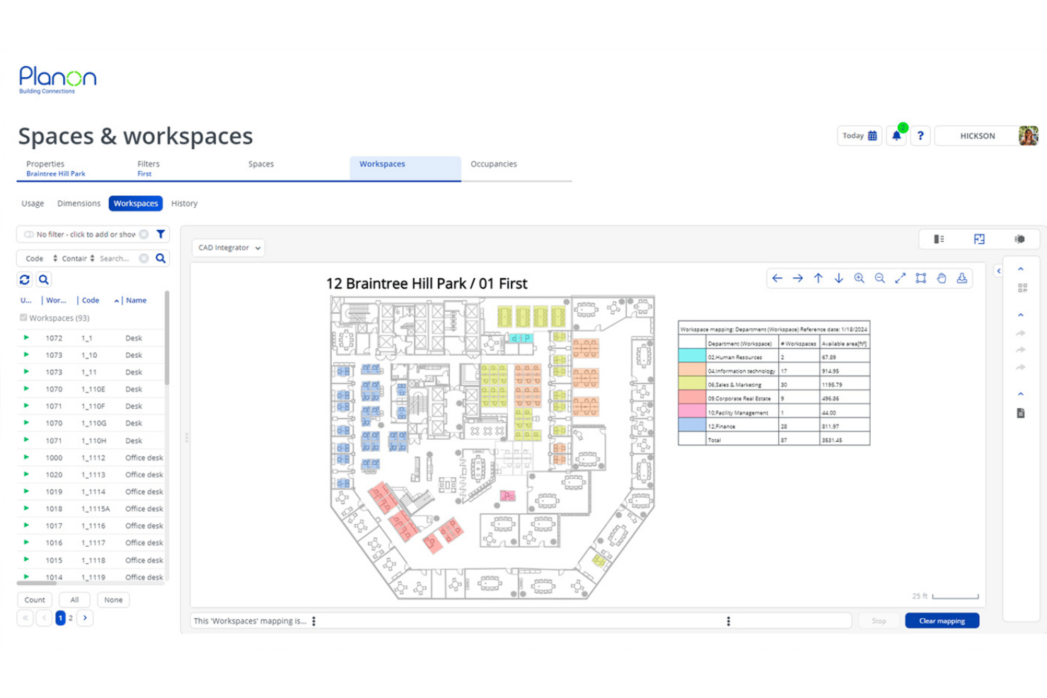 Planon floor plan showing color-coded workspace assignments by department with legend.