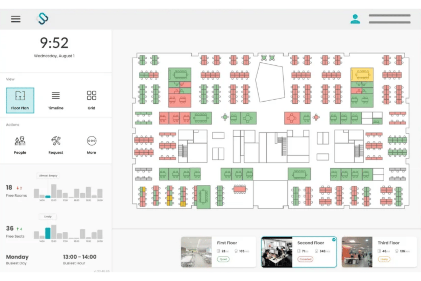 Office floor plan dashboard showing room and seat availability with color-coded statuses.