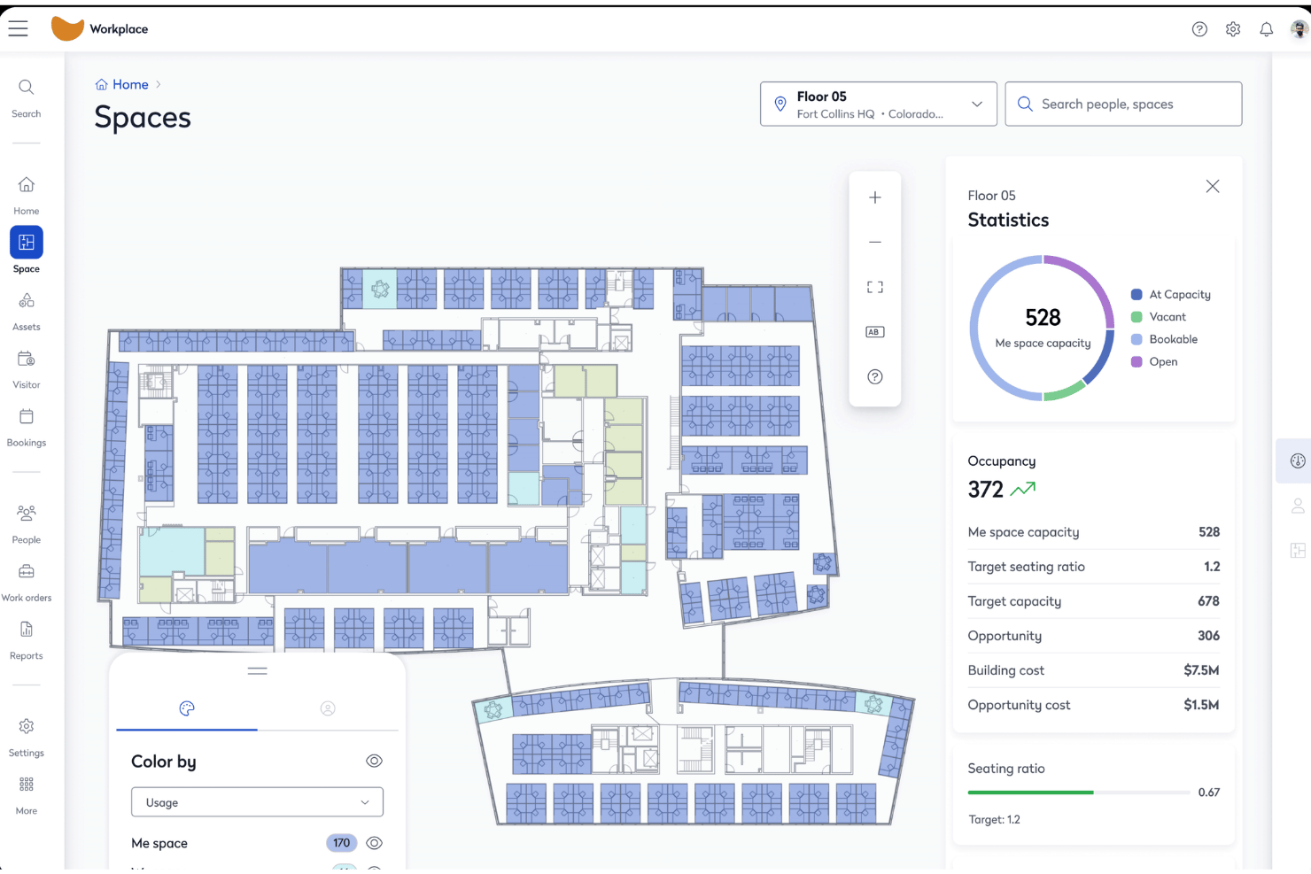 Floor plan dashboard showing space occupancy stats, seating ratio, and cost data.