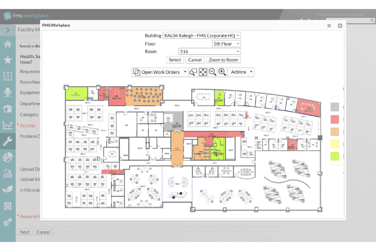 FMS:Workplace floor plan dialog showing 5th floor room selection with color-coded map.