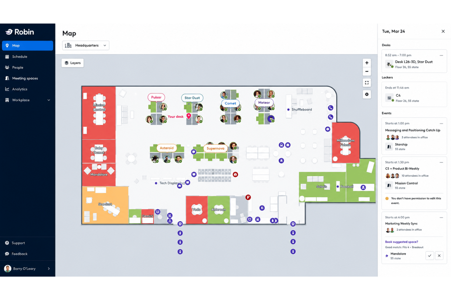 Robin office floor map showing desk bookings, meeting rooms, and daily events panel.
