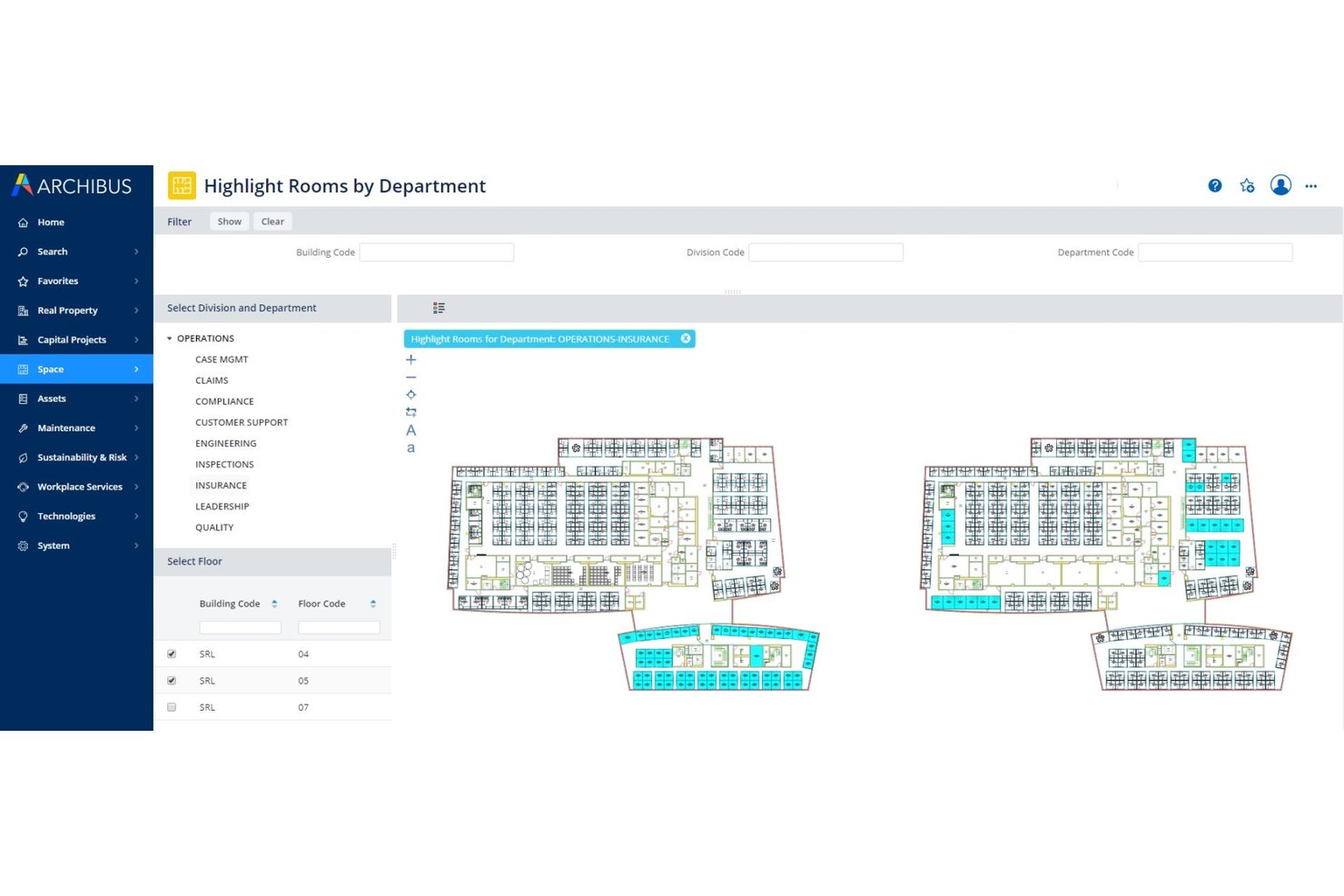 Archibus floor plan view highlighting Insurance department rooms in cyan across two buildings.