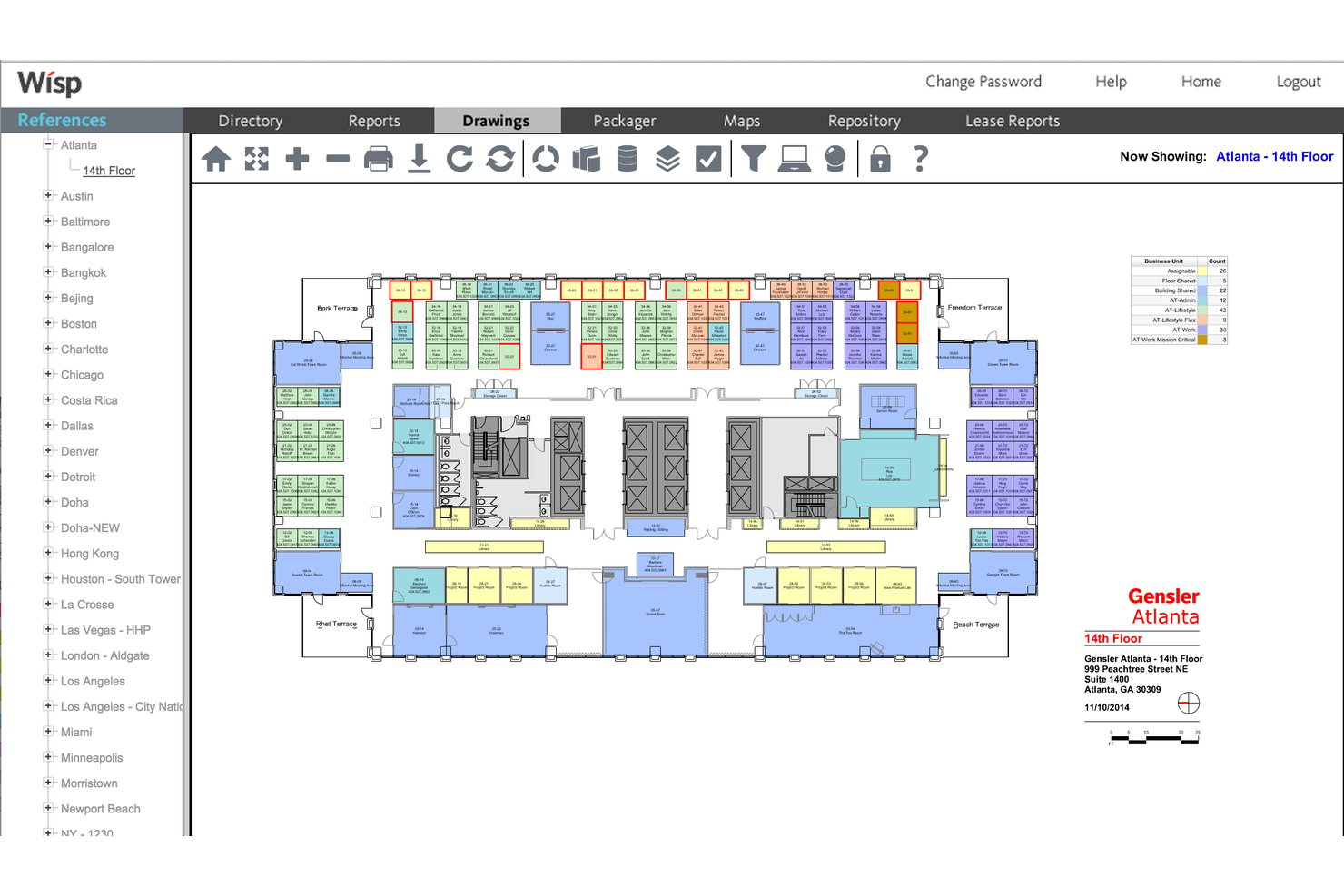 Wisp floor plan showing color-coded workspaces on Atlanta 14th Floor layout.