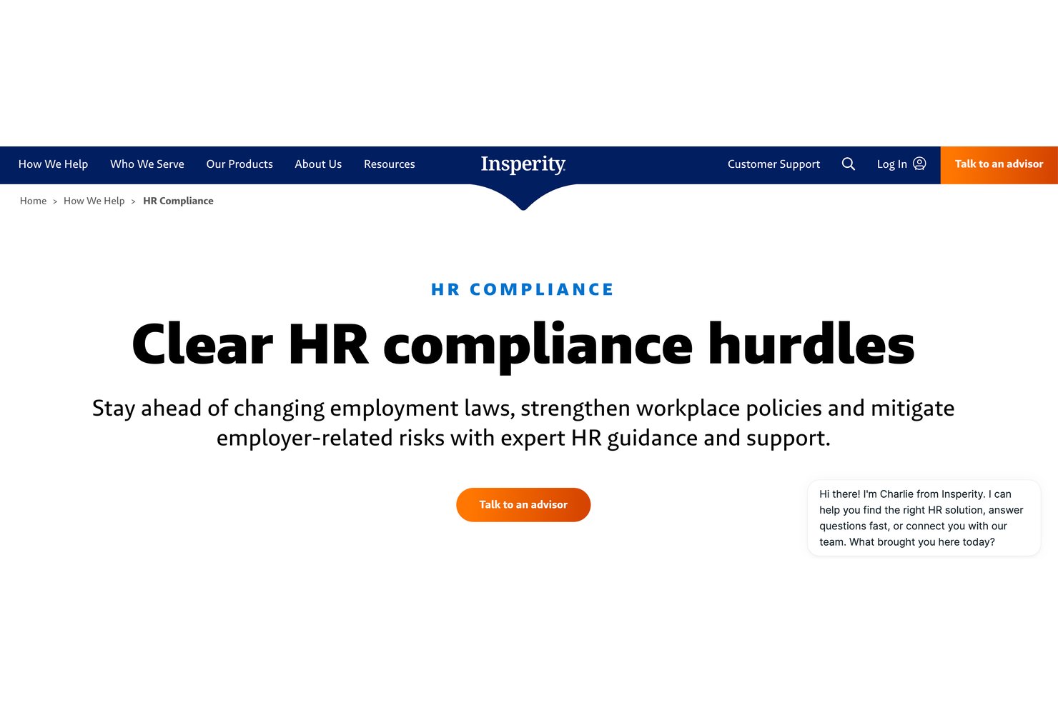 Insperity HR Compliance page with headline and Talk to an advisor button.