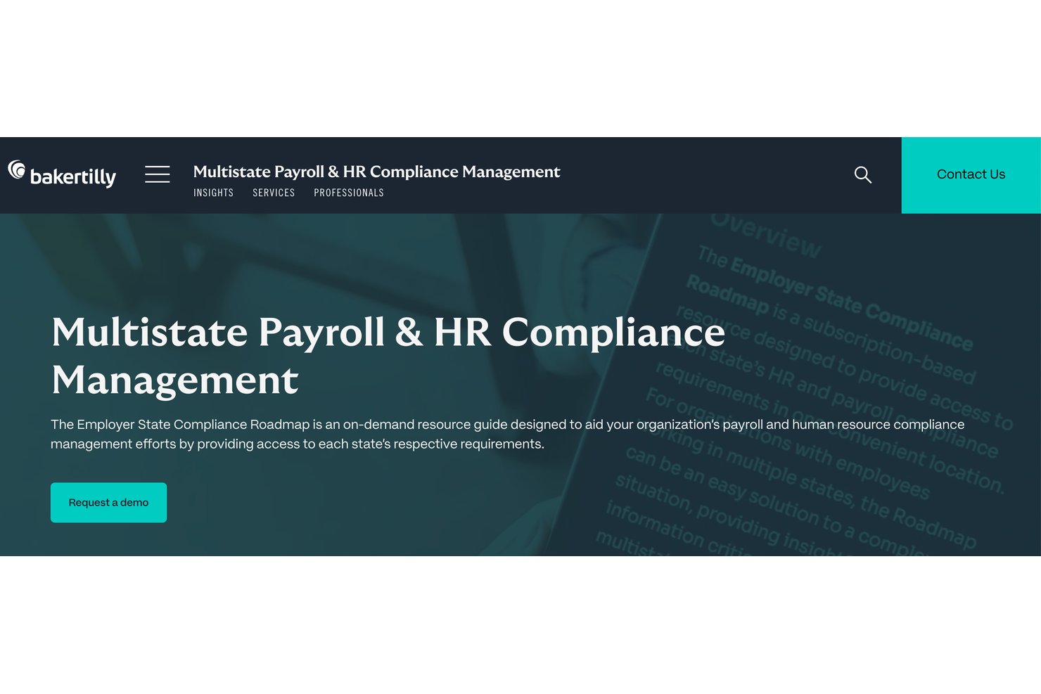 Baker Tilly Multistate Payroll and HR Compliance Management webpage with demo button.