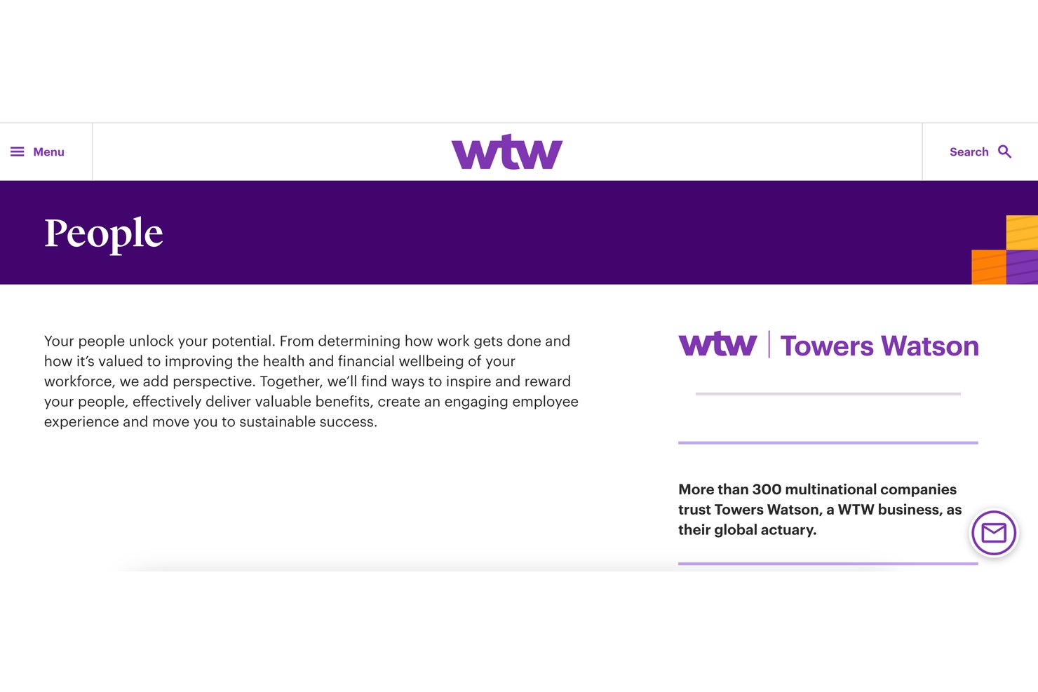 WTW website People page with workforce services description and Towers Watson stat.