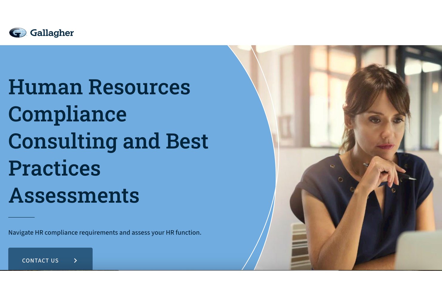 Gallagher webpage promoting HR compliance consulting with a woman thinking at a desk.