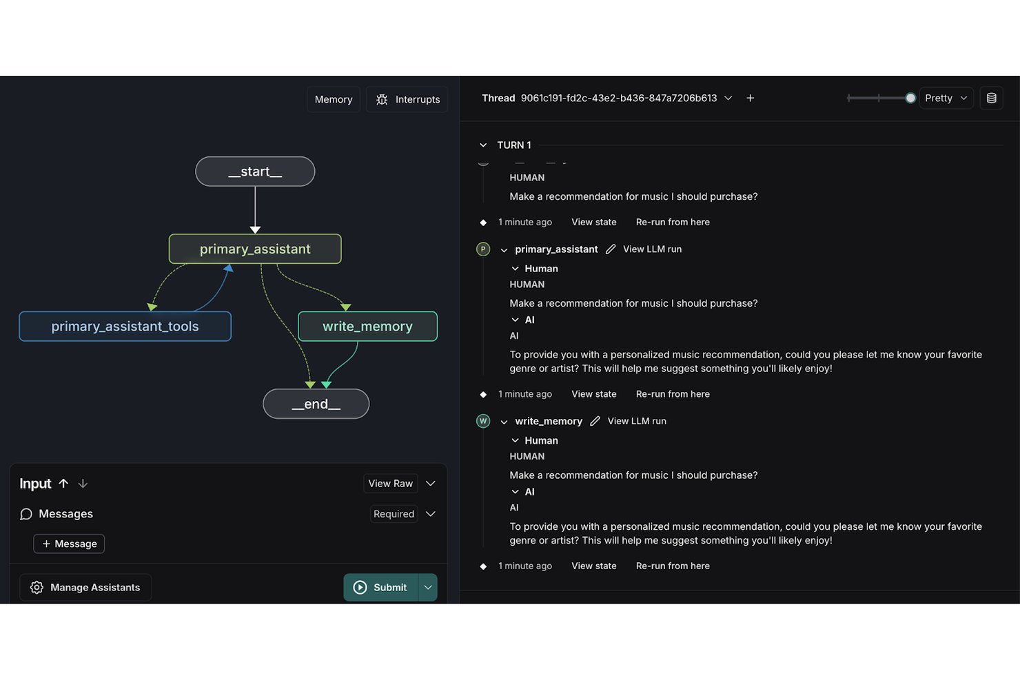 LangGraph Studio met een agentgrafiek met geheugen, tools en een chatthreadpaneel.