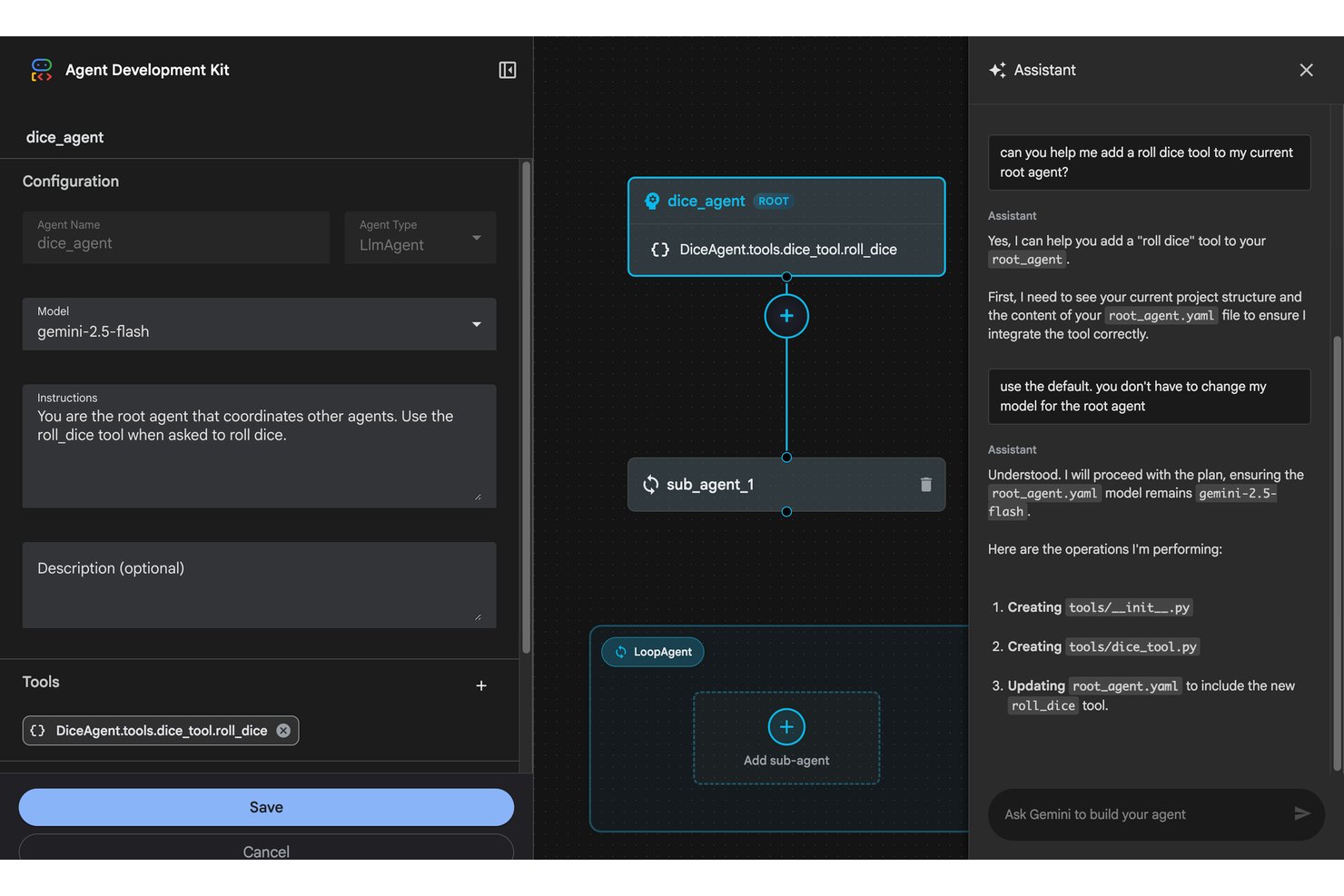 Visuele ADK-builder met de configuratie van dice_agent en een chatvenster voor de AI-assistent.