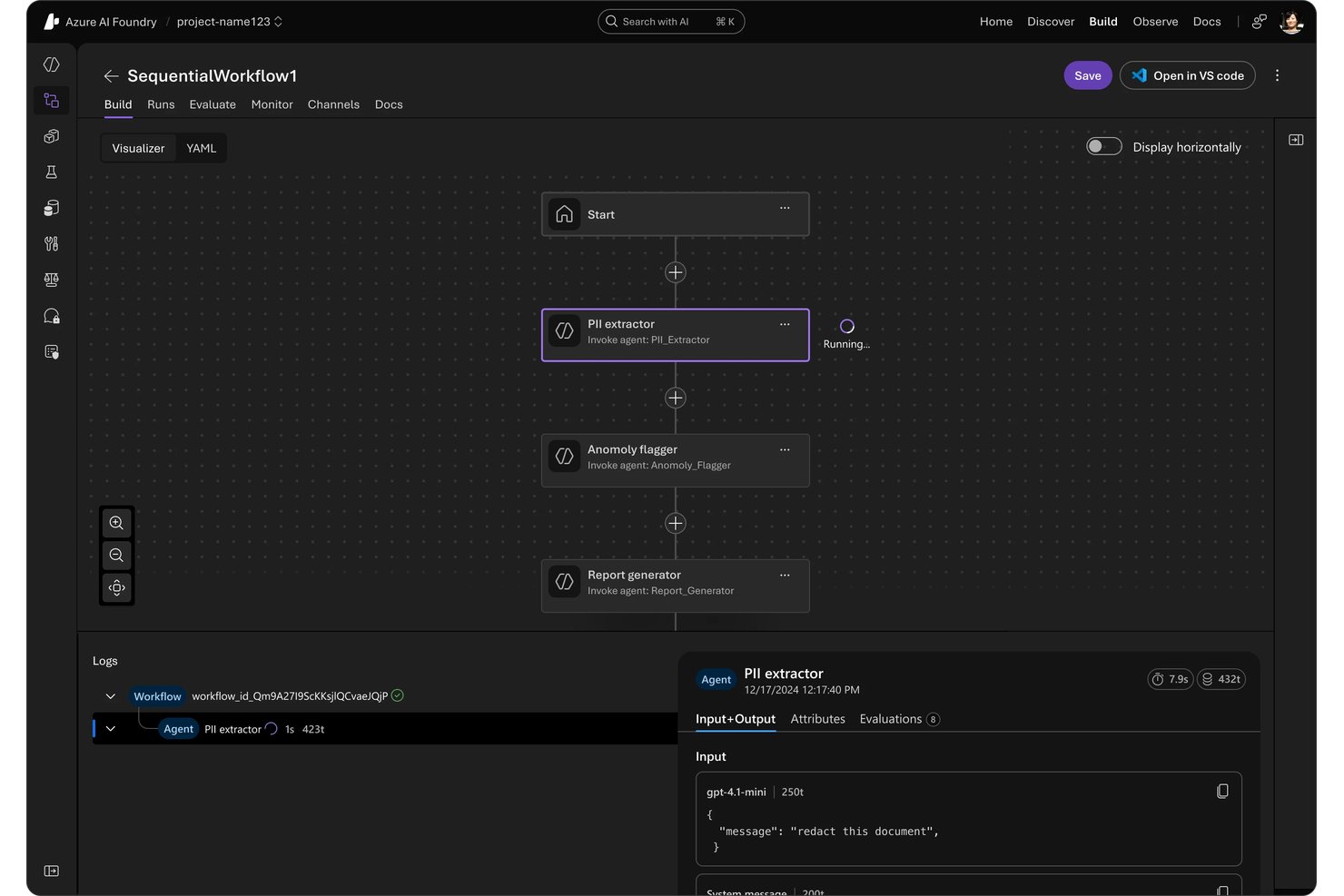 Opeenvolgende Microsoft Foundry-werkstroom met een agent voor PII-extractie die in de visualisatie wordt uitgevoerd.