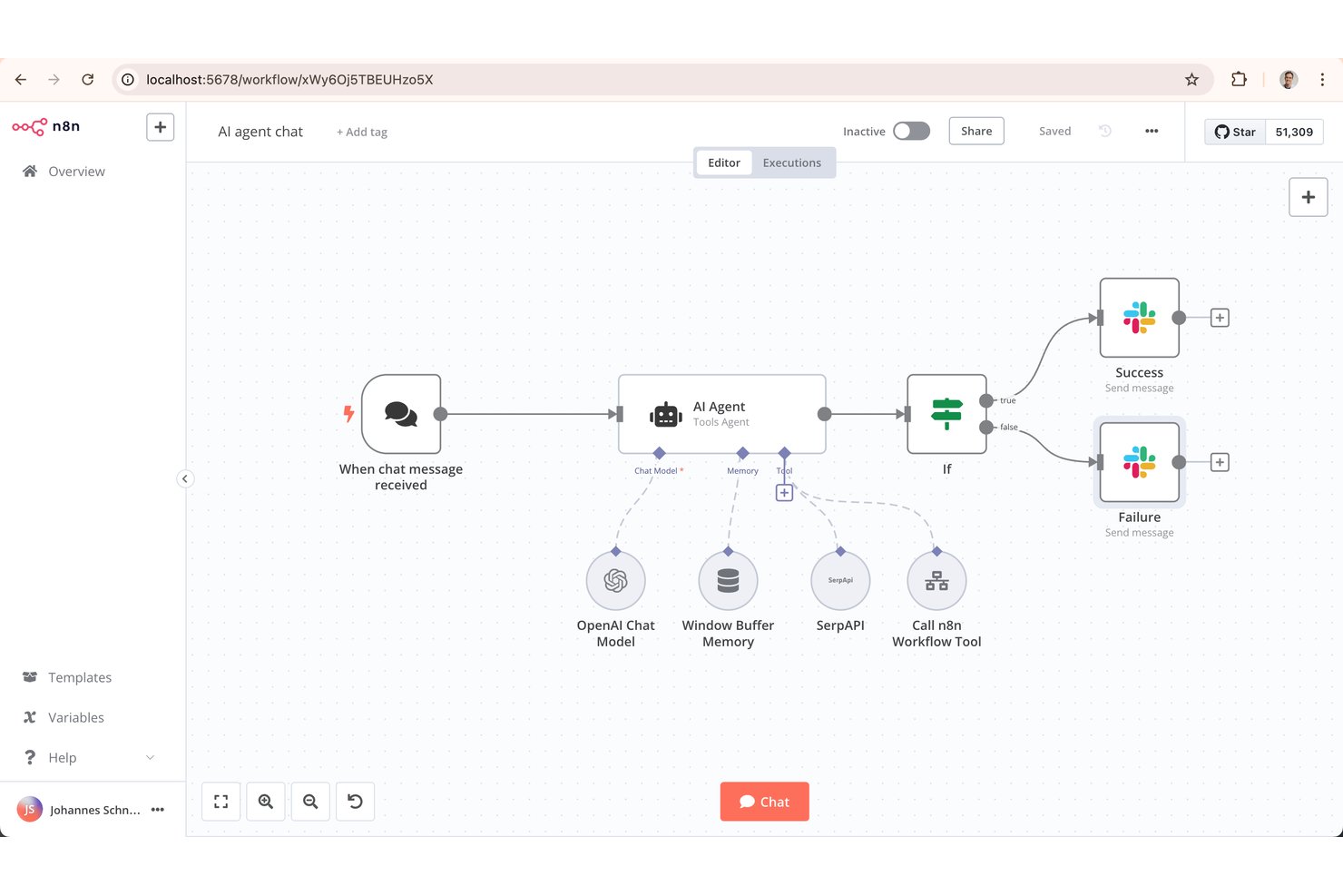 n8n-workfloweditor met een chatworkflow voor AI-agents en Slack-meldingen.