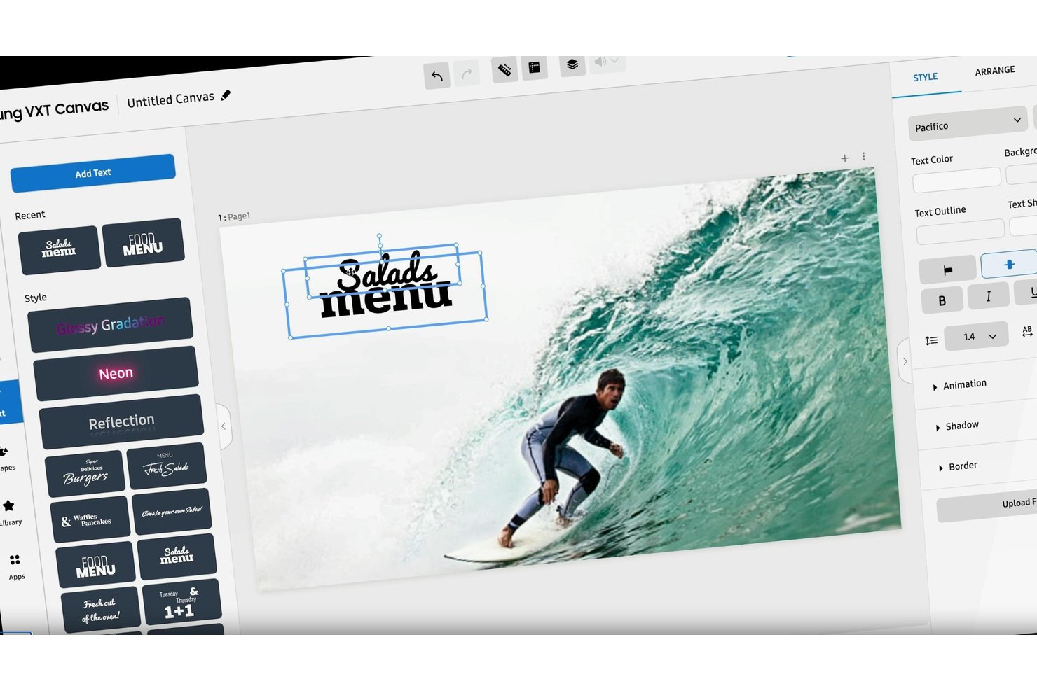 Samsung VXT Canvas-redigerare som visar formaterad text över en bakgrundsbild med surfing.