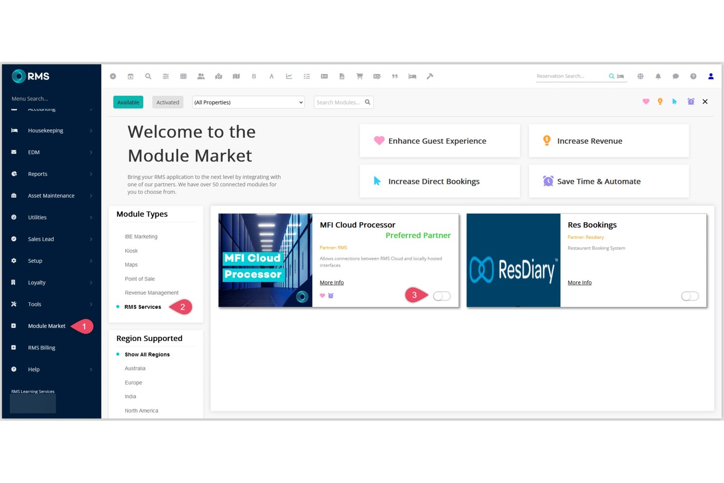 RMS Module Market-dashboard met beschikbare integraties zoals MFI Cloud Processor en ResDiary.