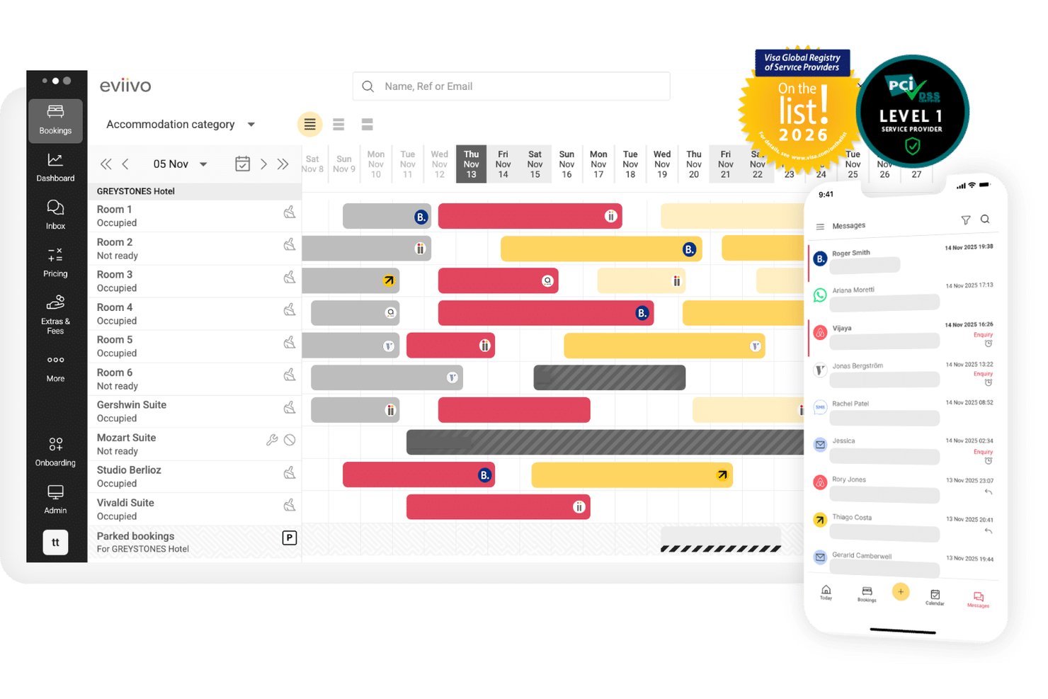 eviivos bokningskalender som visar rumstillgänglighet och en inkorg för mobilmeddelanden.