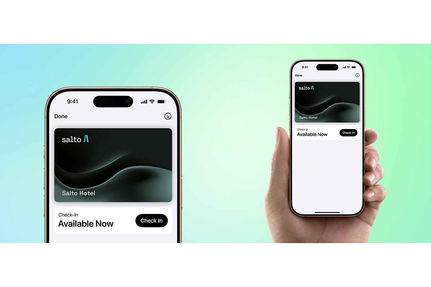 Två iPhones som visar Salto Hotels digitala nyckelkort med en knapp för incheckning i Apple Wallet.