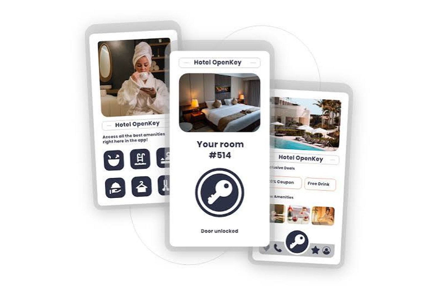Tre smartphoneskärmar som visar Hotel OpenKey-appen med rumsnyckel, bekvämligheter och erbjudanden.