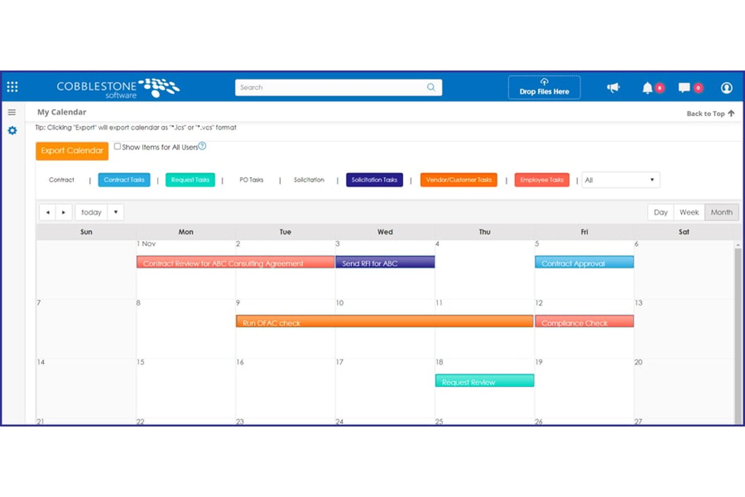 De CobbleStone Contract Insight-kalender toont contracttaken en deadlines voor november.