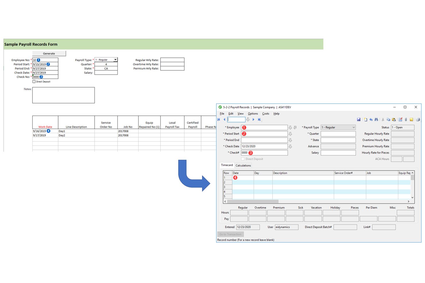 Sage 100 Contractor payroll records form with timecard and employee fields.
