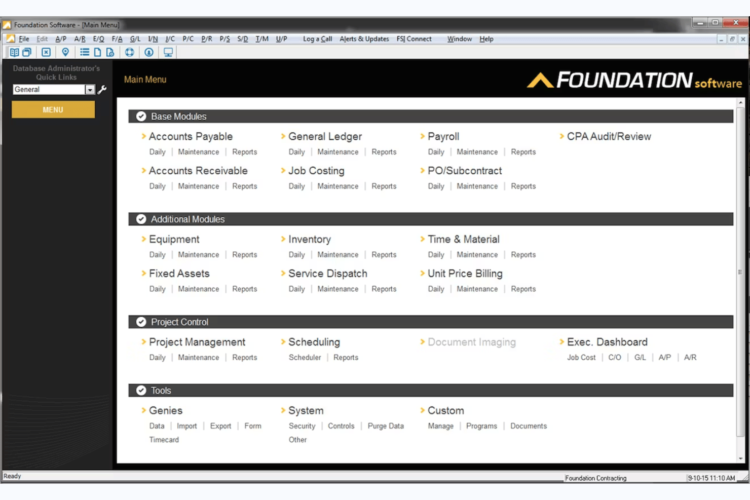 Foundation Software main menu showing accounting, project, and tools modules.