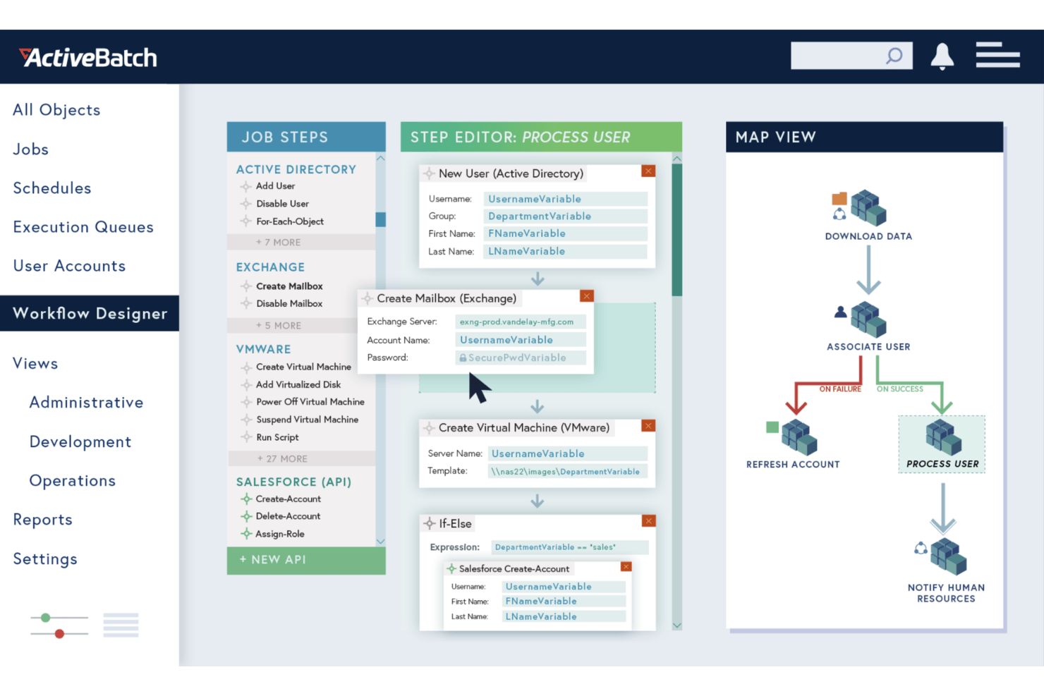 ActiveBatch Workflow Designer showing job steps, step editor, and map view panel.