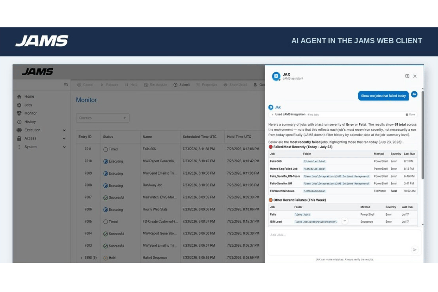 JAMS web client monitor view with JAX AI assistant listing failed jobs.