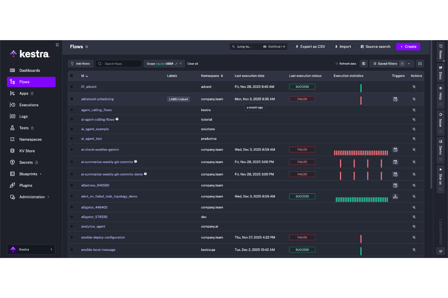 Kestra dashboard showing a list of workflow flows with execution statuses and statistics.