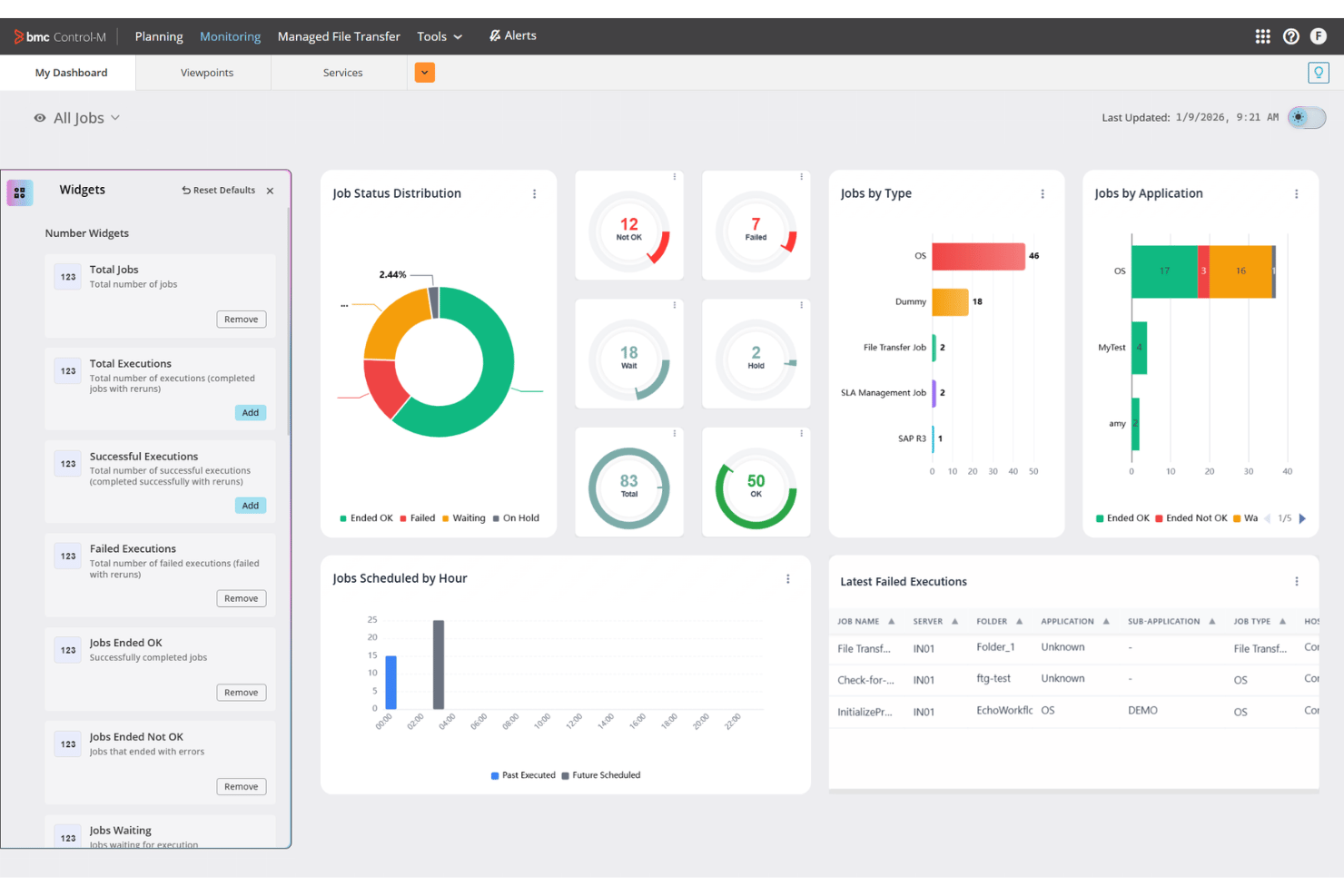 Control-M dashboard showing job status distribution, job types, schedules, and failed executions.