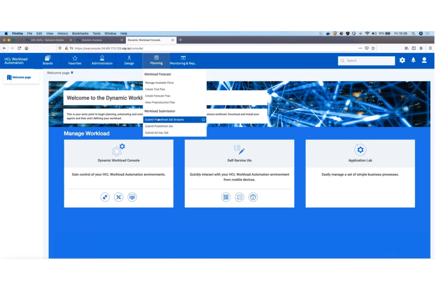 HCL Workload Automation console showing Planning dropdown with Workload Submission options.