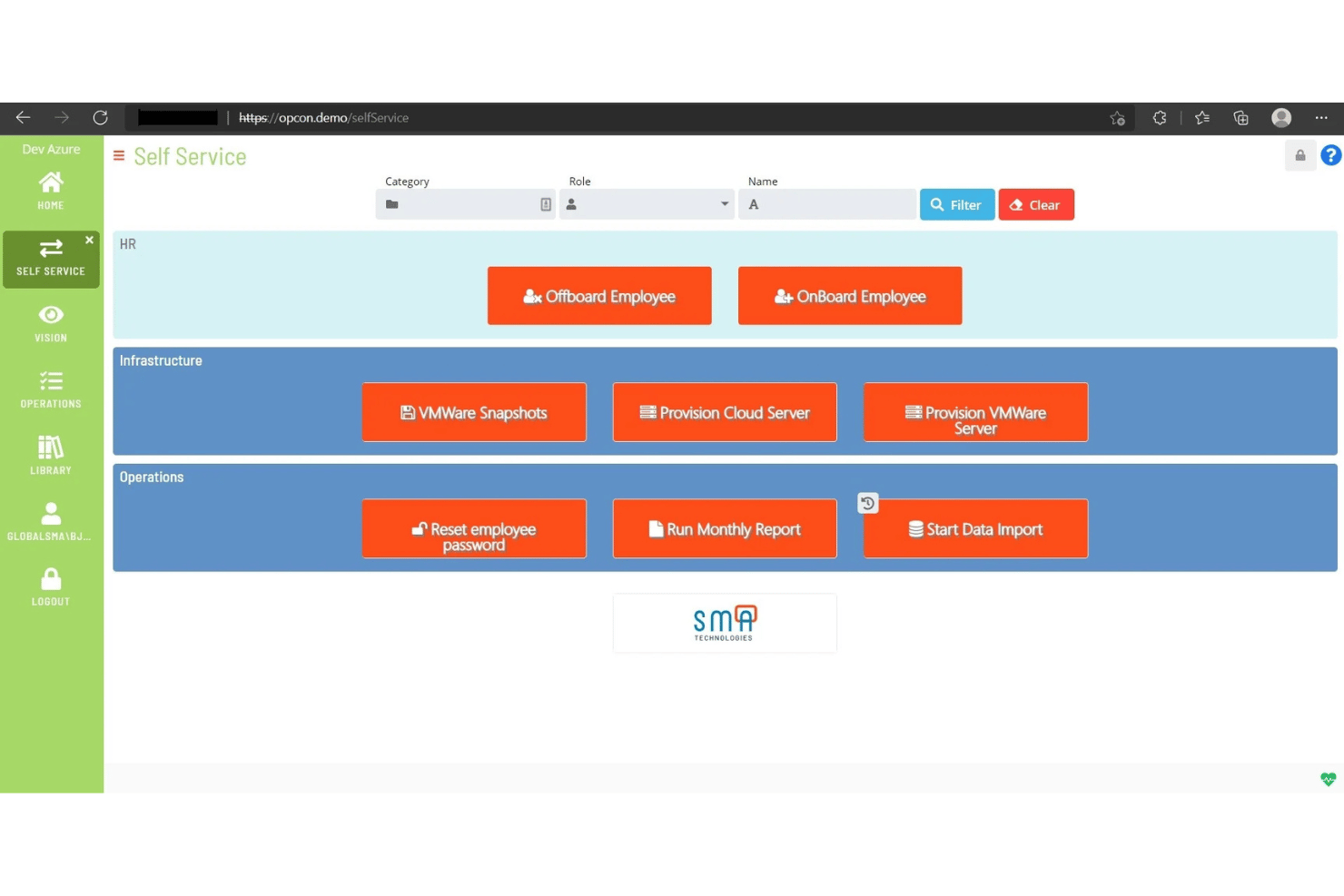 OpCon Self Service portal showing HR, Infrastructure, and Operations task buttons.