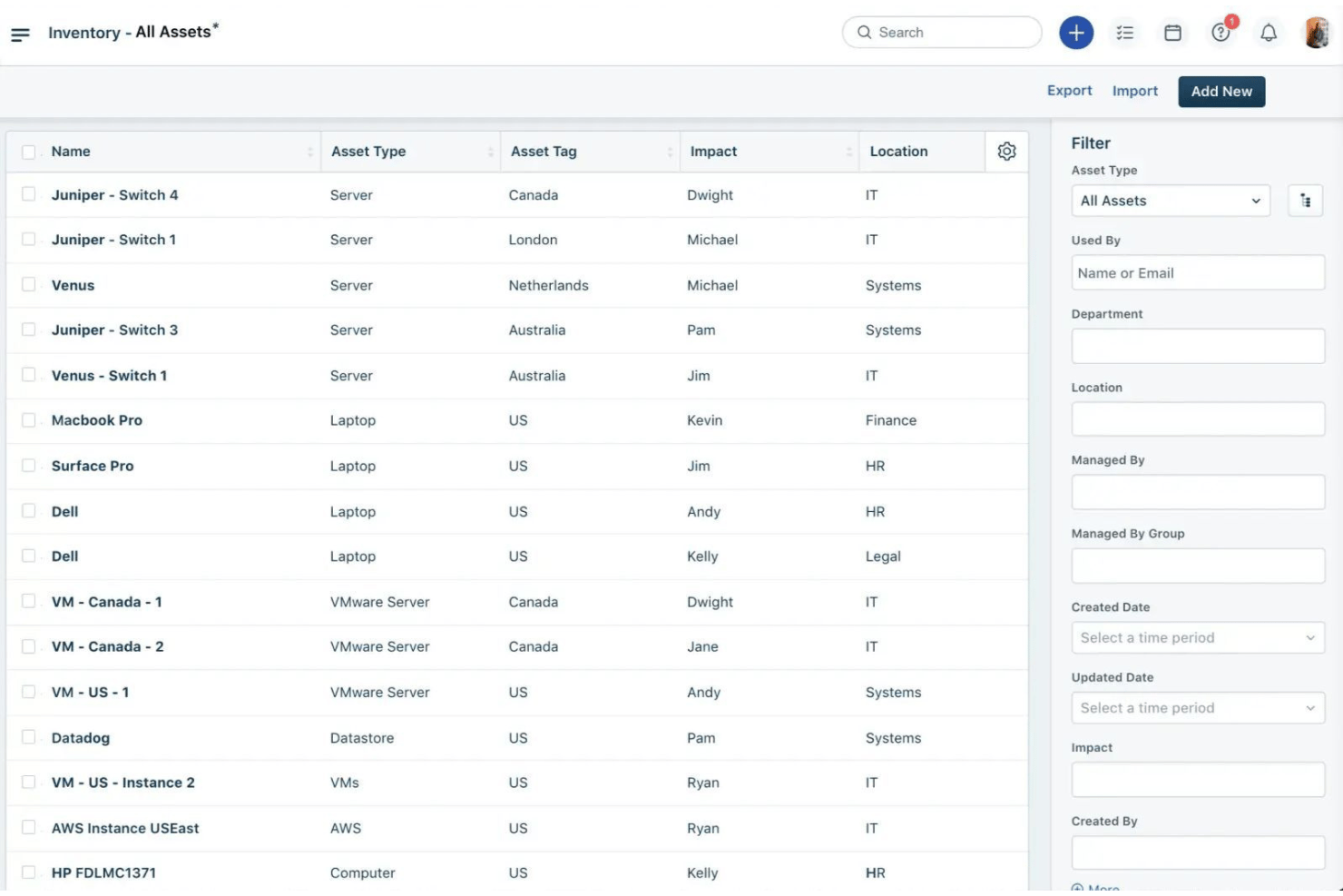 Inventory dashboard listing IT assets with type, tag, impact, location, and filter panel.